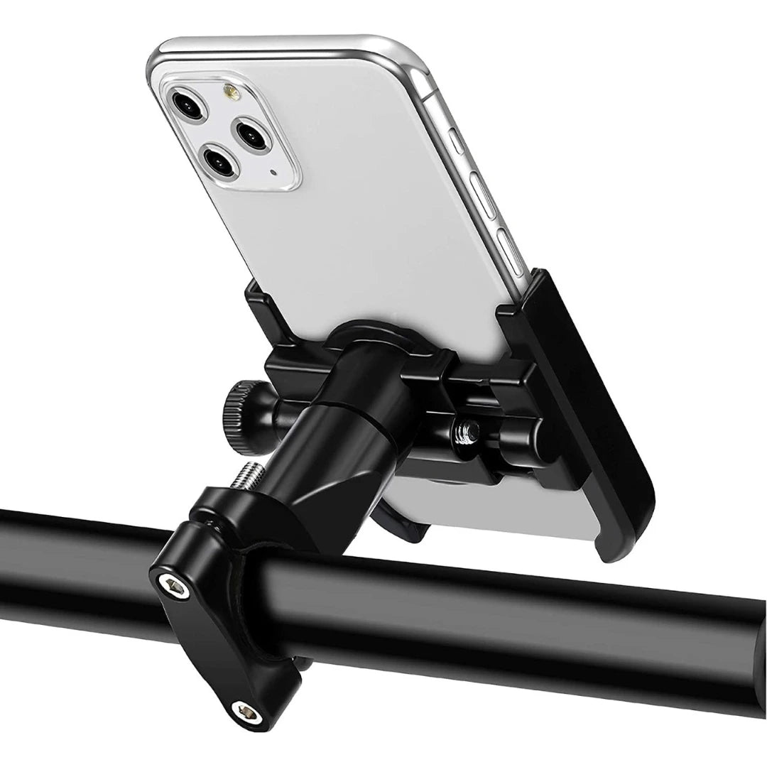 Phone holder attached to a black metal bar with a white background