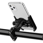 Phone holder attached to a black metal bar with a white background