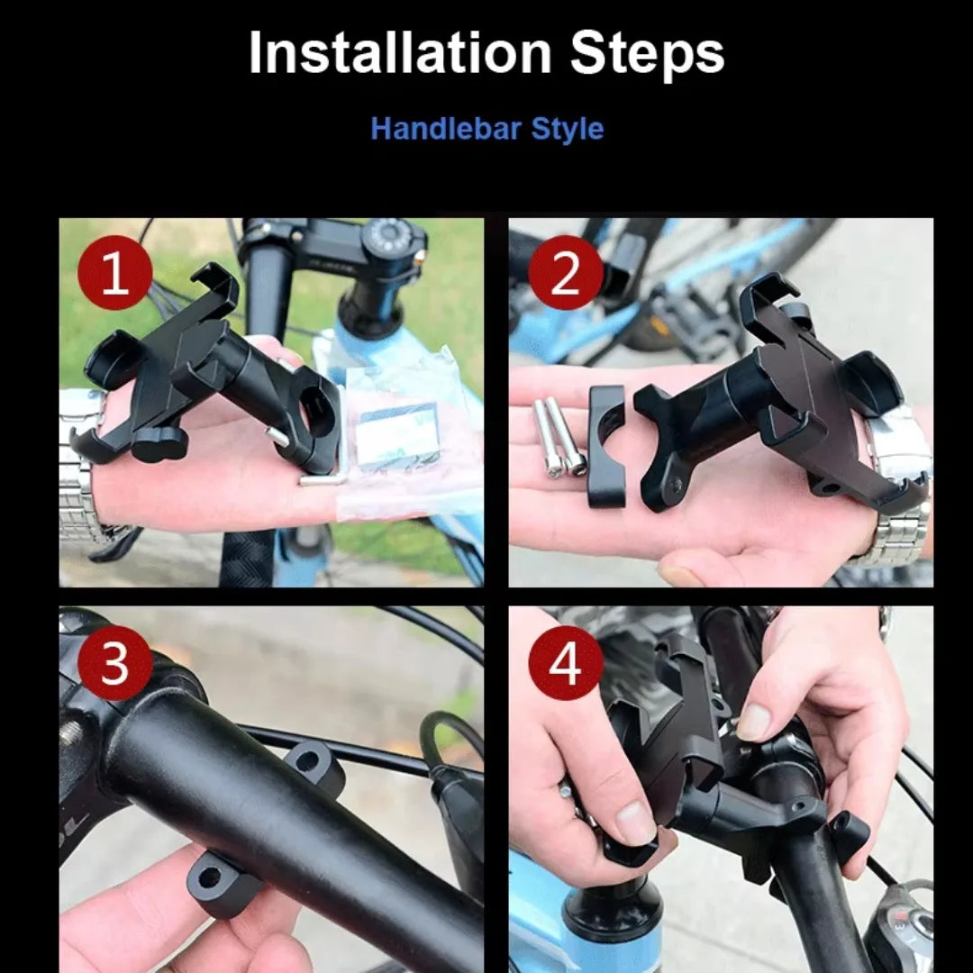Step-by-step installation guide for a handlebar-mounted device.