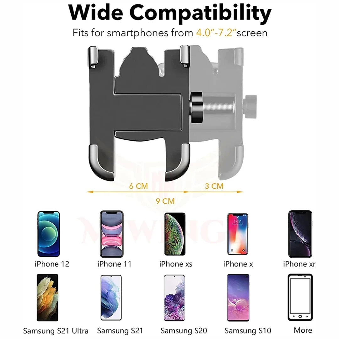 Phone holder with compatibility chart for various smartphone models on a white background