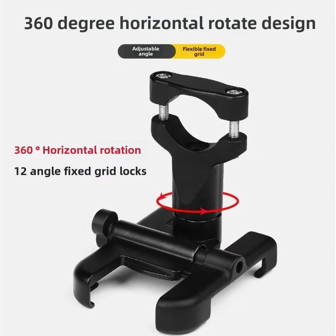 Black adjustable stand with 360-degree horizontal rotation feature on a white background