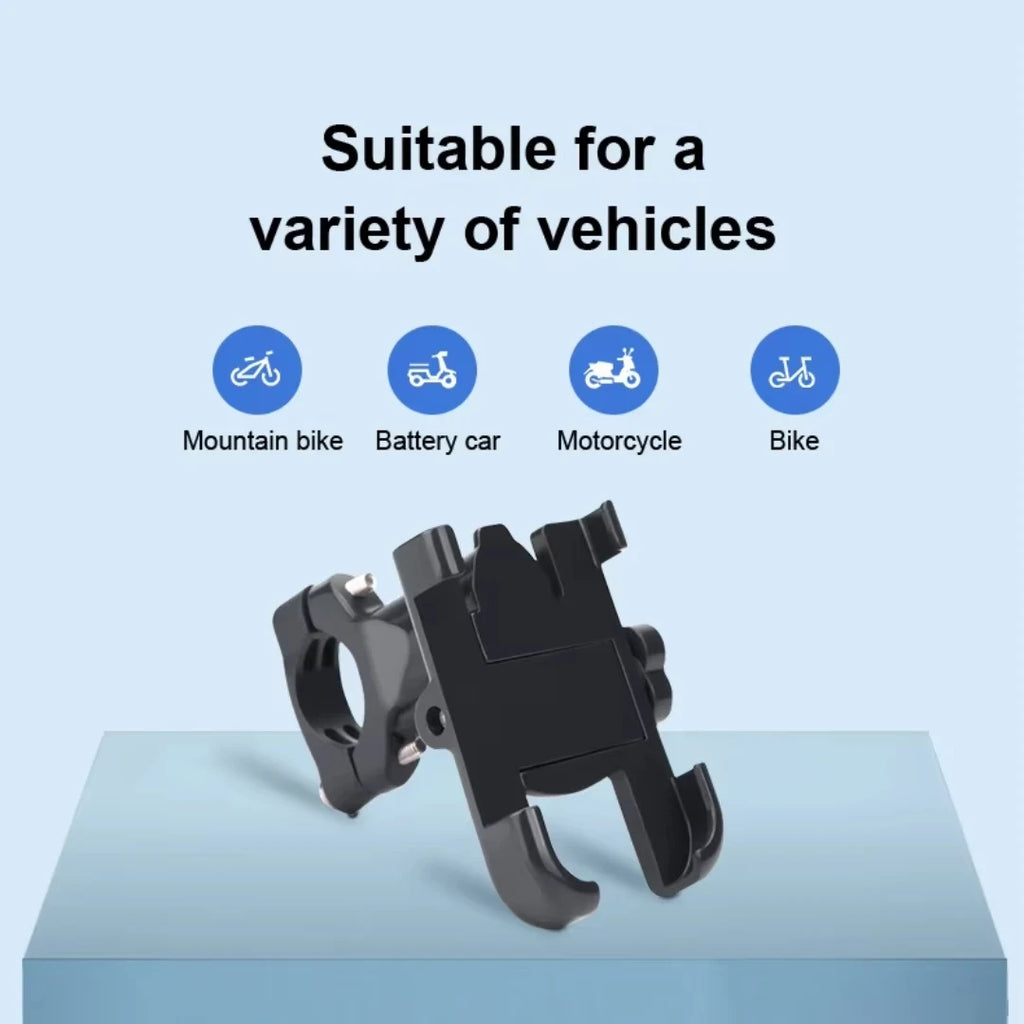 Black bike handlebar mount on a light blue background with vehicle compatibility icons.