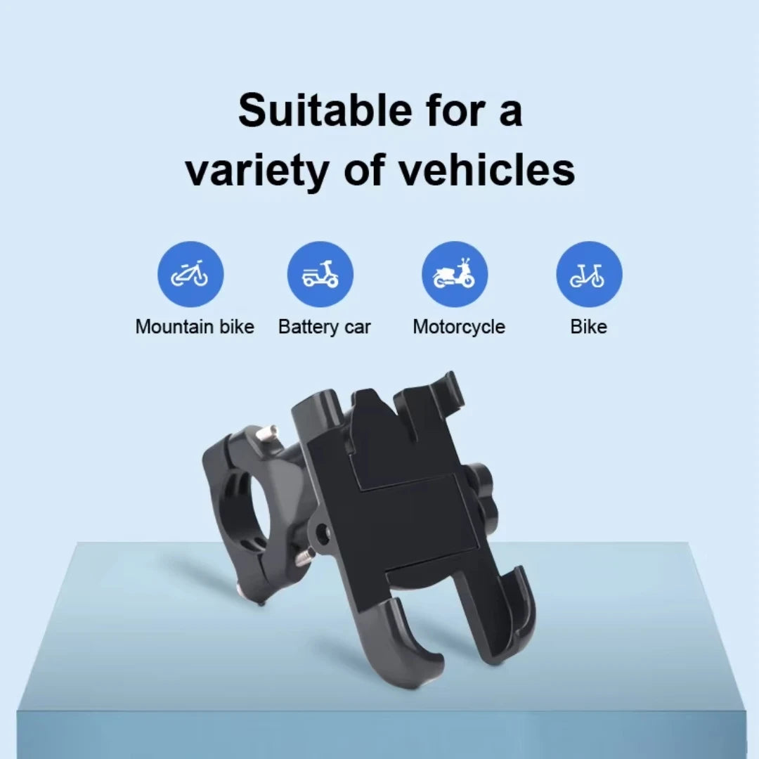 Black bike handlebar mount on a light blue background with vehicle compatibility icons.
