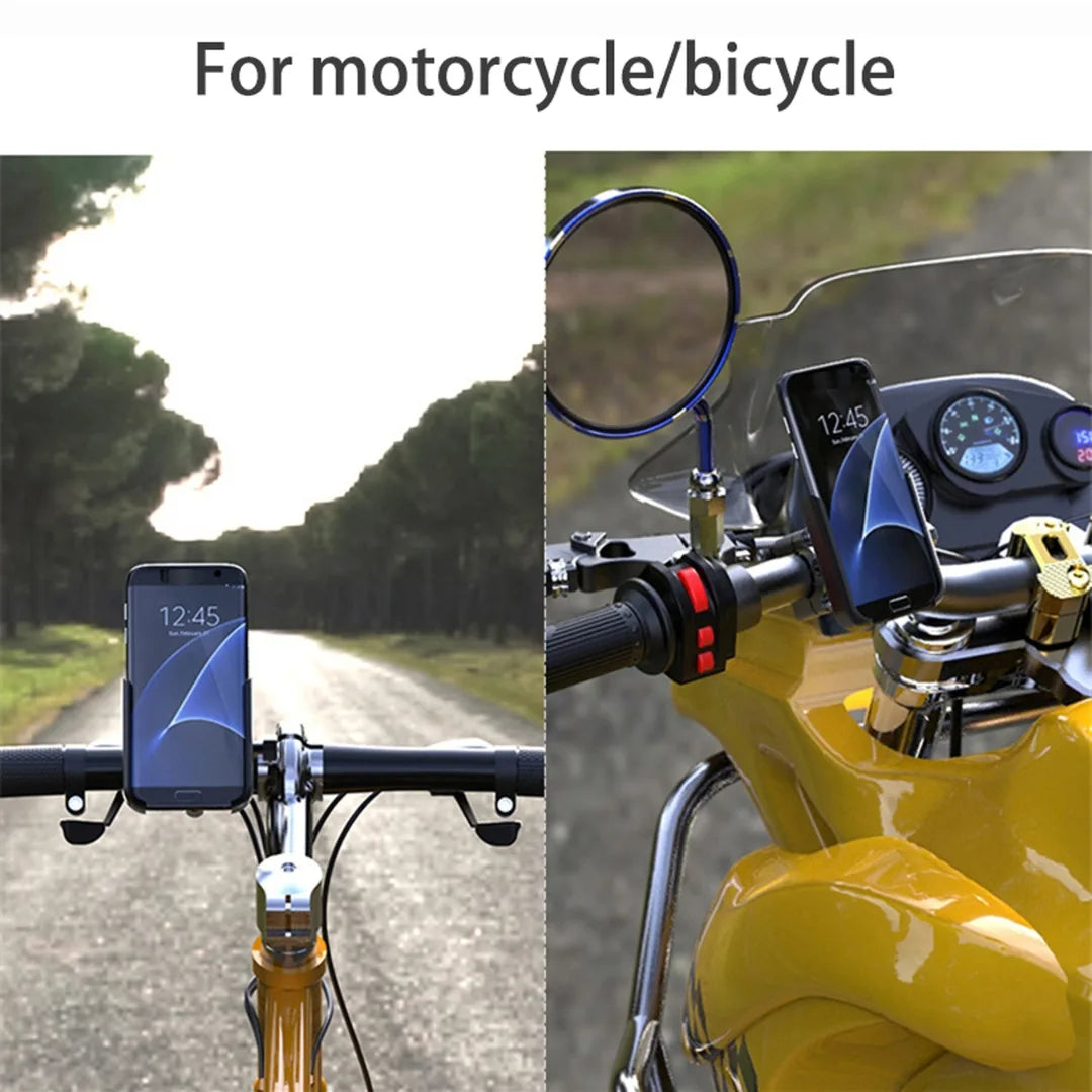 Phone holder on a bicycle handlebar with motorcycle mirror and dashboard view.