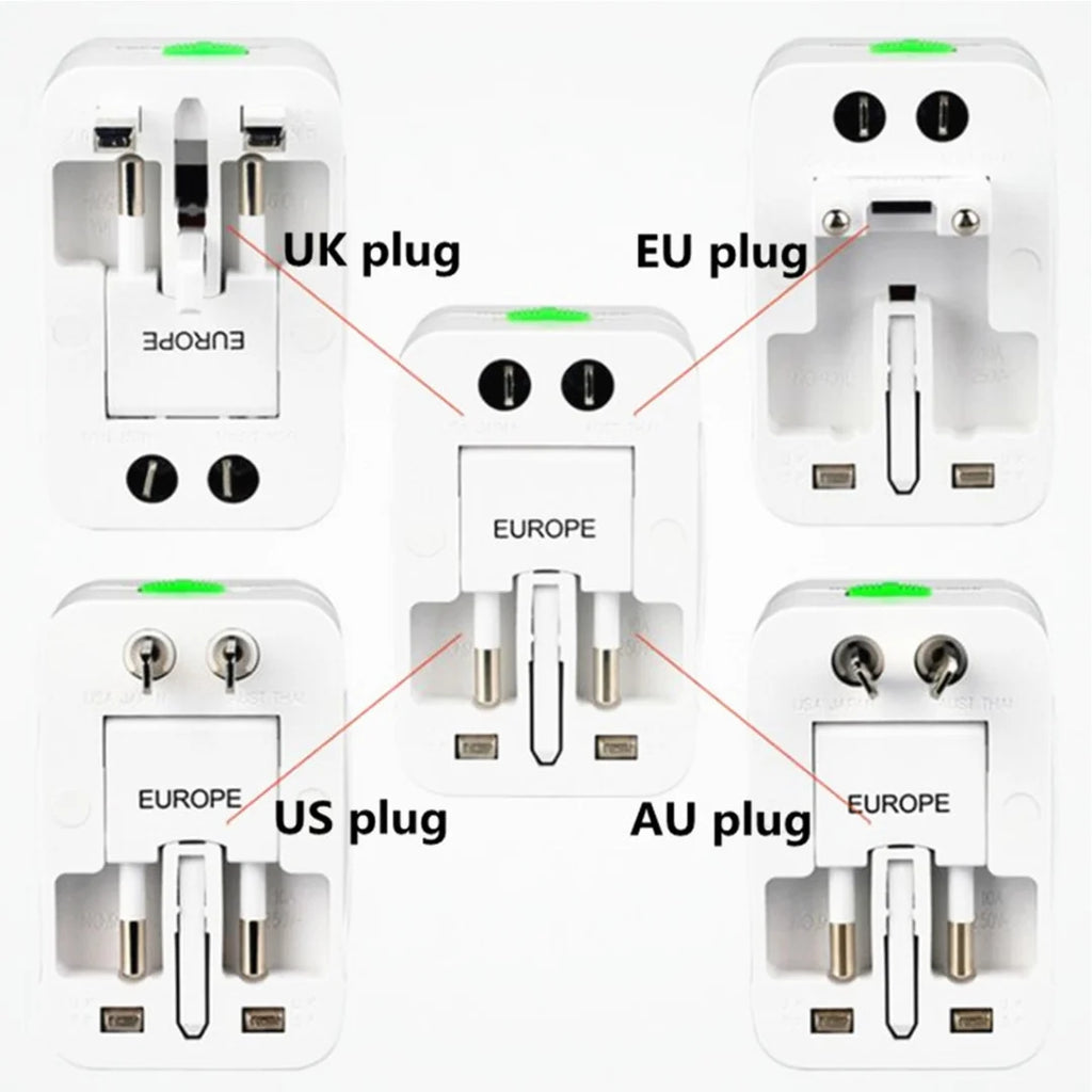 Set of travel adapters with different plug types labeled on a white background