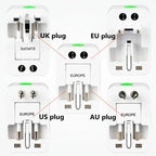 Set of travel adapters with different plug types labeled on a white background