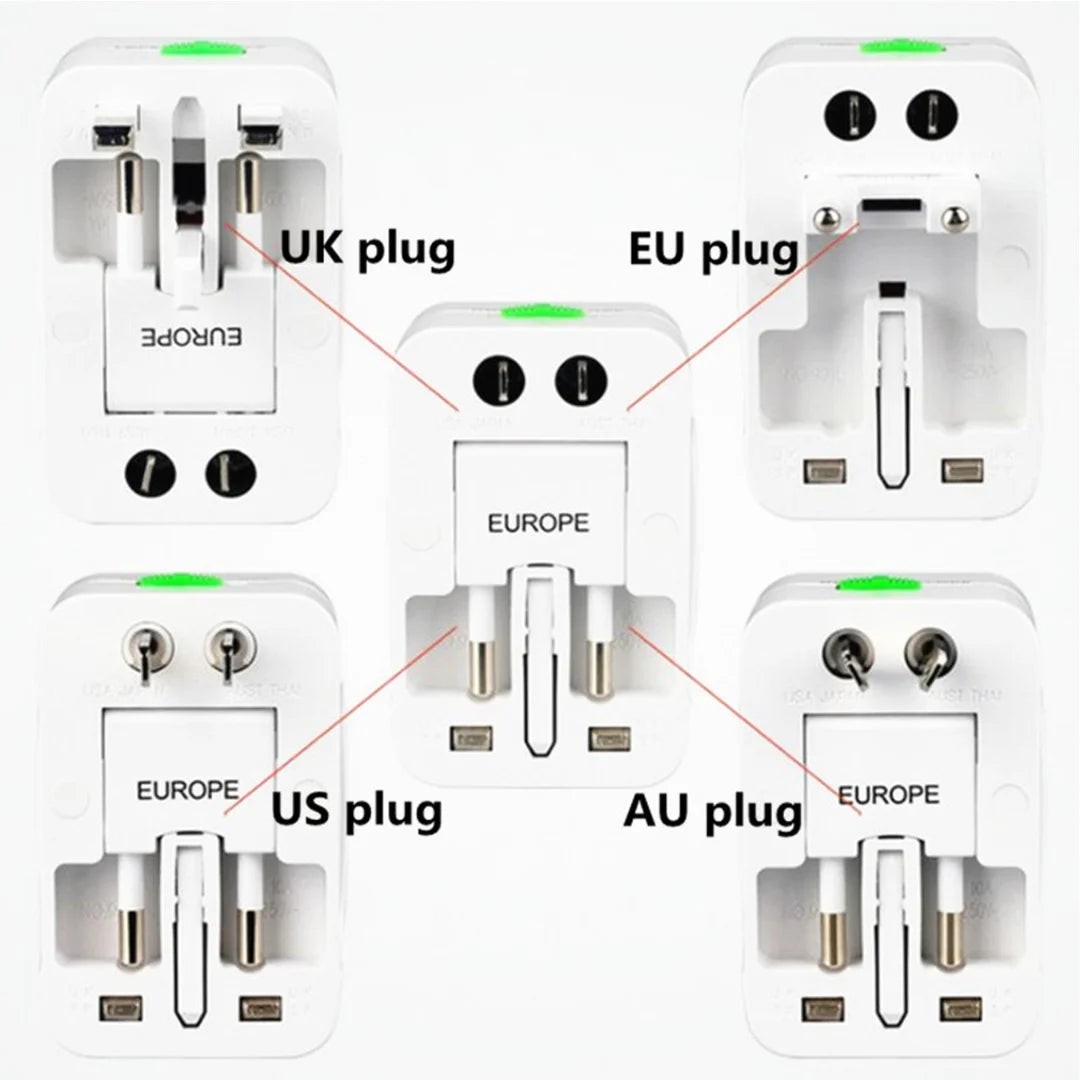 Set of travel adapters with different plug types labeled on a white background
