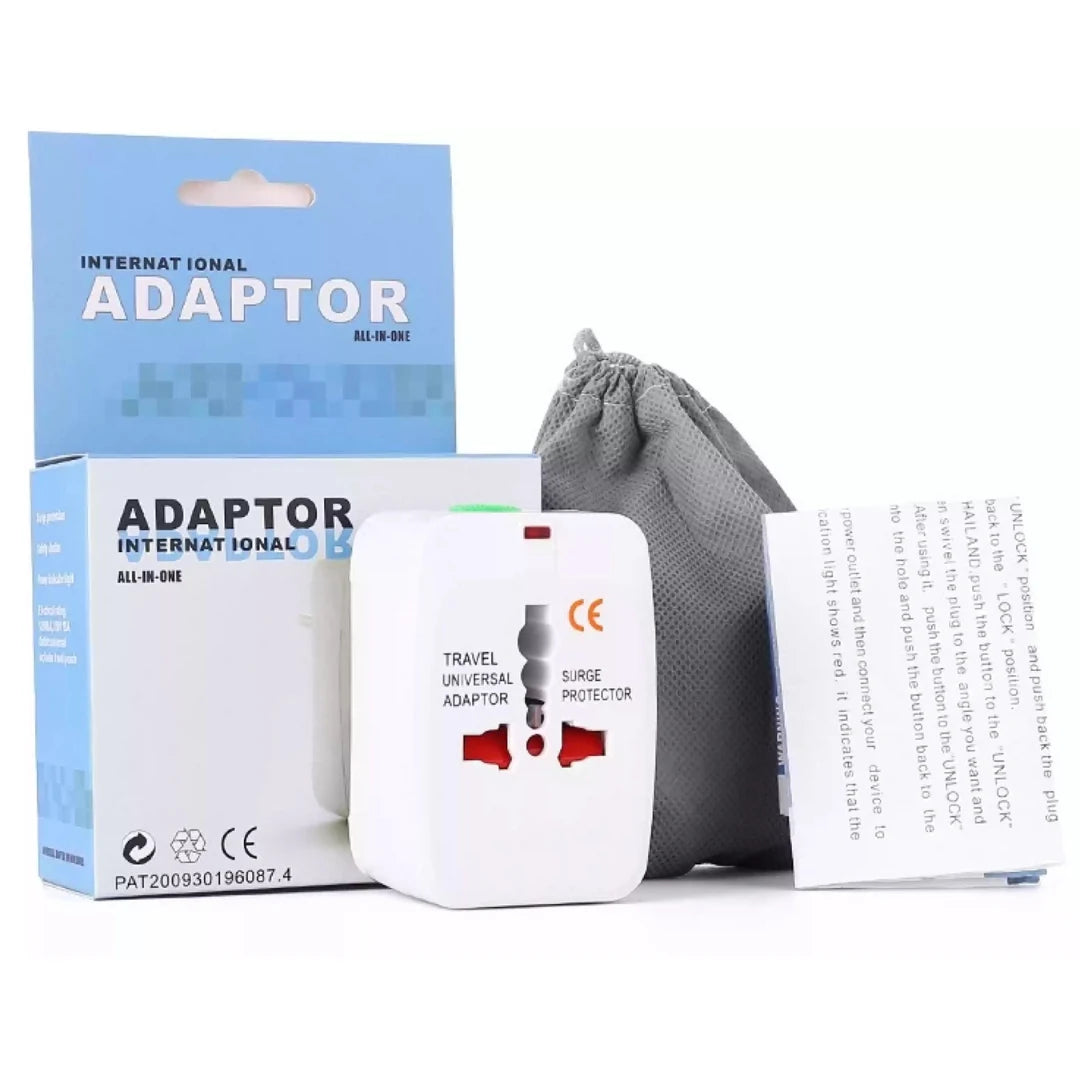 International adapter with packaging, user manual, and drawstring bag on a white background
