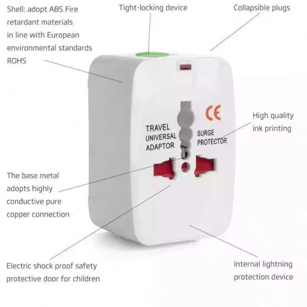 Travel universal adapter with features highlighted on a white background