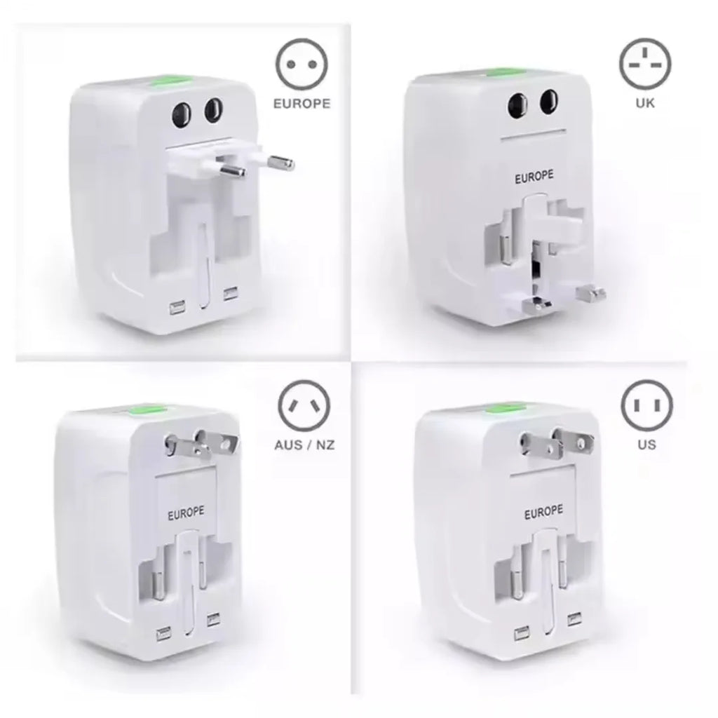 Four views of a white travel adapter with different socket types labeled for Europe, UK, US, and Australia/New Zealand.
