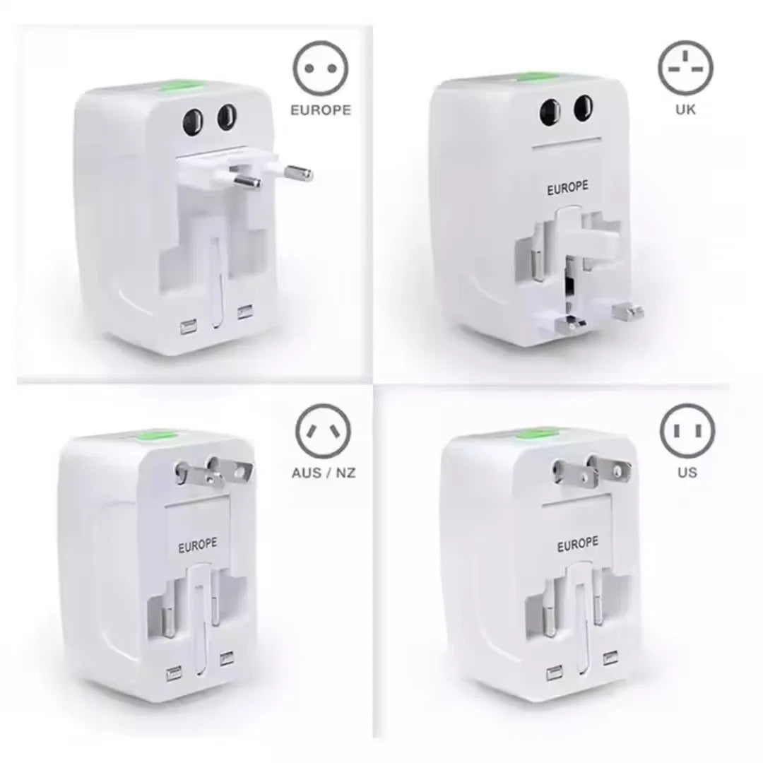 Four views of a white travel adapter with different socket types labeled for Europe, UK, US, and Australia/New Zealand.