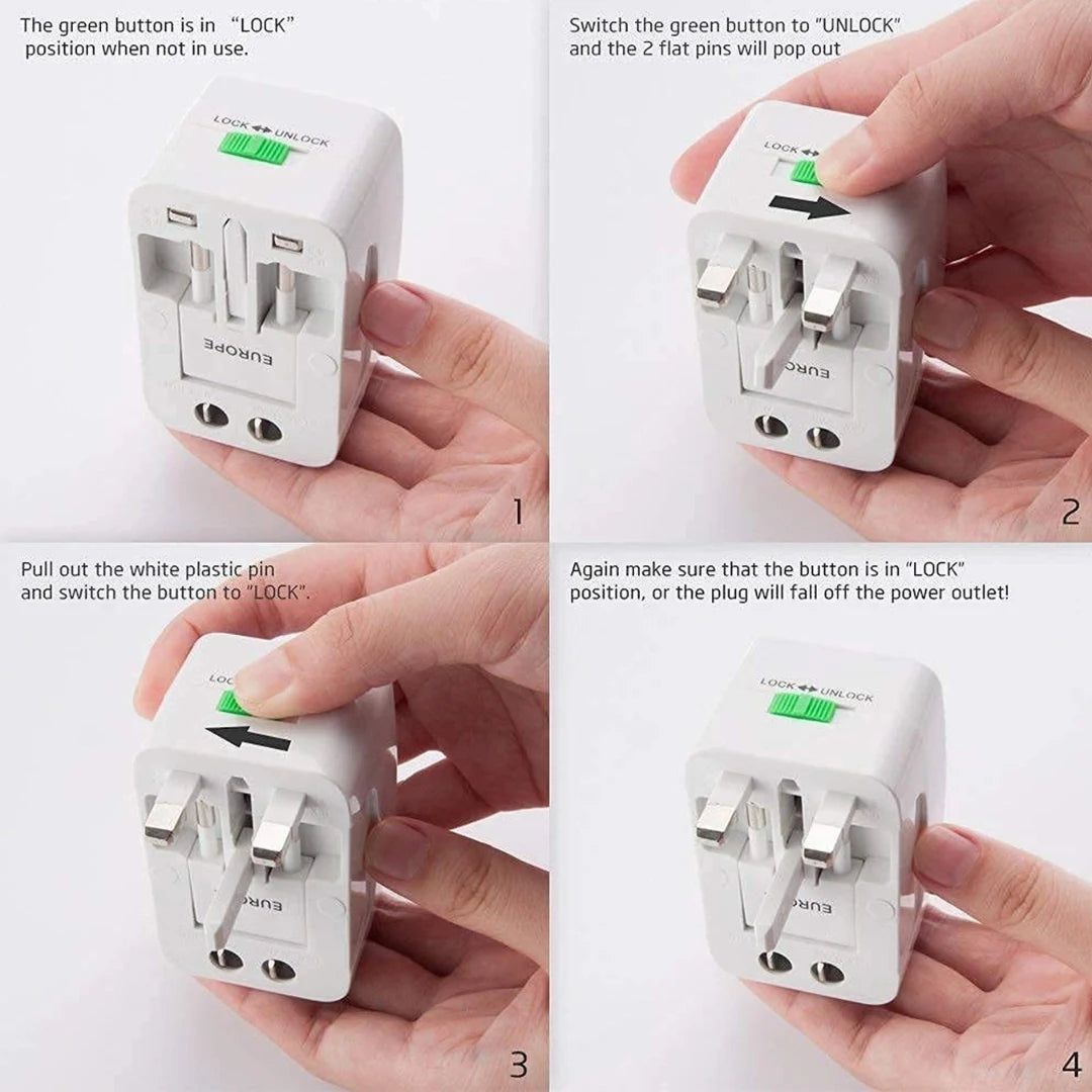 Step-by-step guide on using a travel adapter with green lock button.