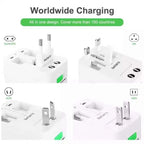 Worldwide charging adapter with multiple plug types on a white background