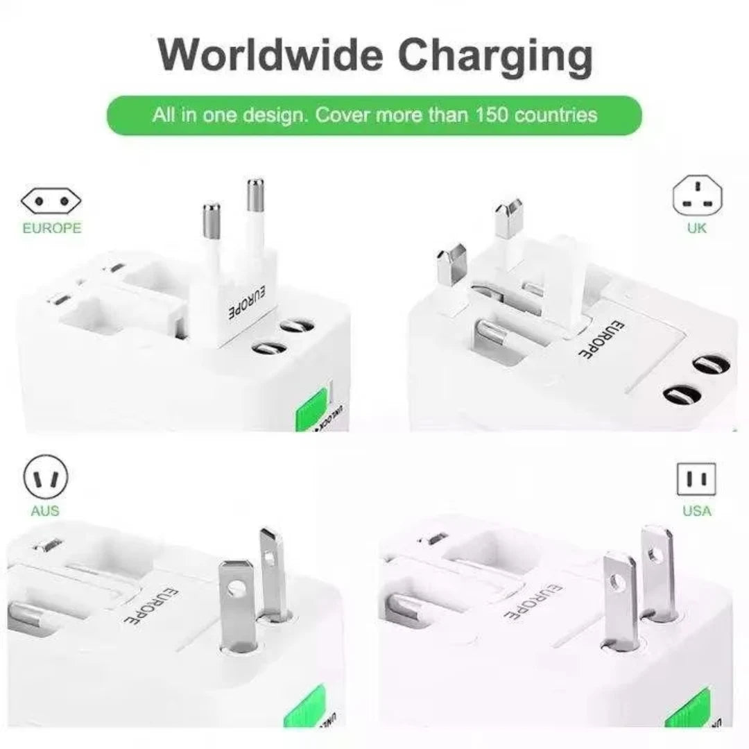 Worldwide charging adapter with multiple plug types on a white background