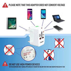 Adaptor warning label with electronic devices and icons indicating not to use high power devices.